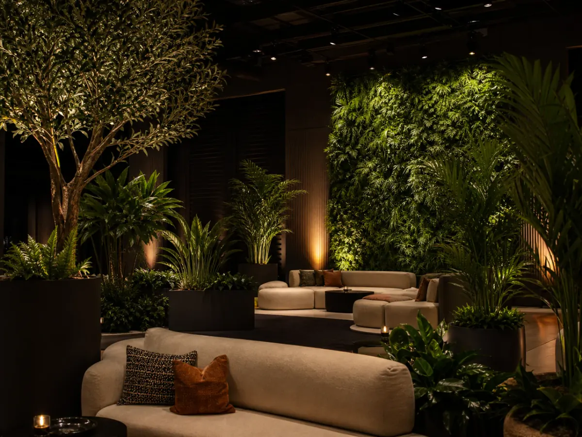 Lush tropical plants in a styled interior
